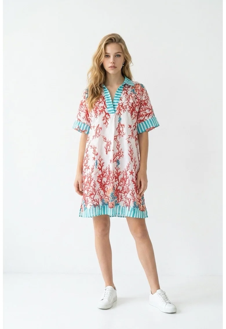 Rochie scurta de vara din bumbac alb cu imprimeu cu corali albastru cu rosu Amalfi