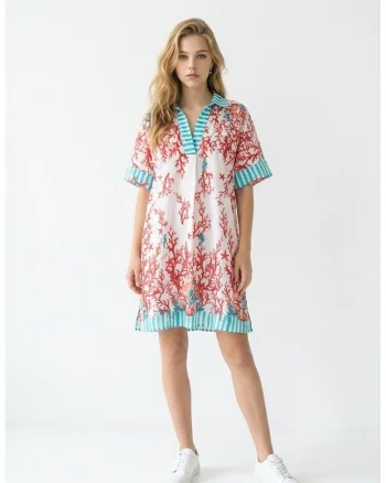 Rochie scurta de vara din bumbac alb cu imprimeu cu corali albastru cu rosu Amalfi
