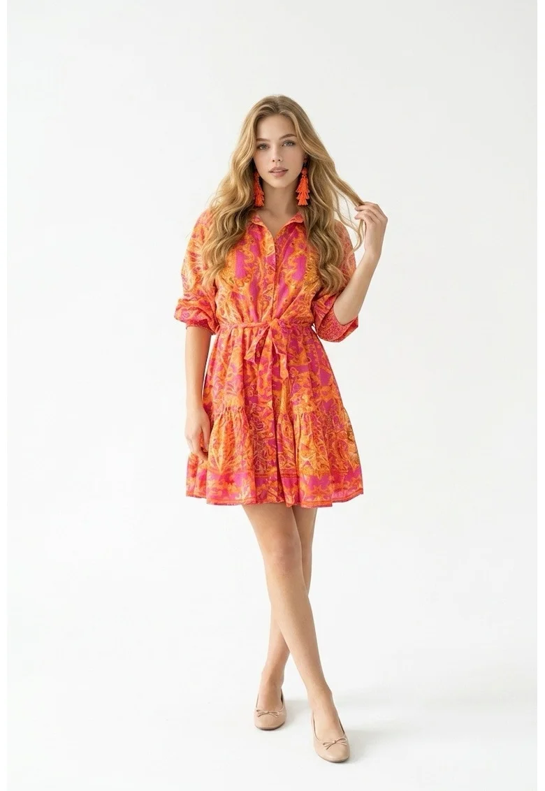 Rochie scurta de vara tip camasa din bumbac cu imprimeu Amalfi, Portocaliu/Roz