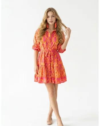 Rochie scurta de vara tip camasa din bumbac cu imprimeu Amalfi, Portocaliu/Roz