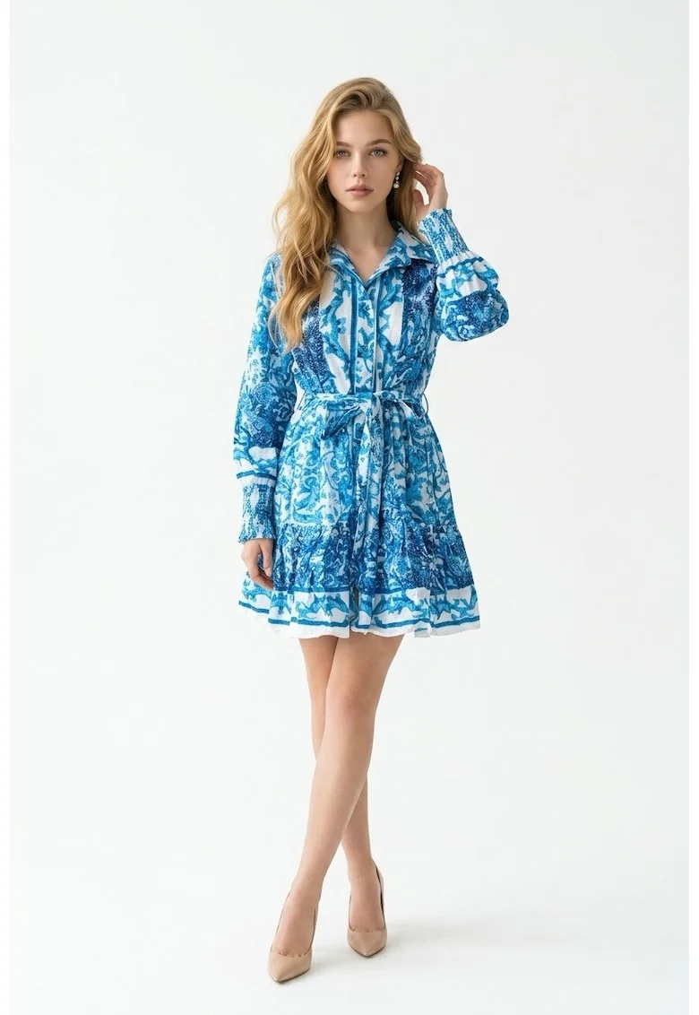 Rochie scurta de vara tip camasa din bumbac cu imprimeu Amalfi, Albastru
