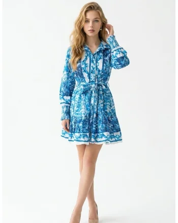 Rochie scurta de vara tip camasa din bumbac cu imprimeu Amalfi, Albastru