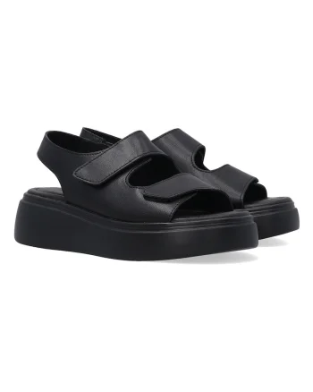 Sandale negre din piele cu platforma si inchidere cu velcro
