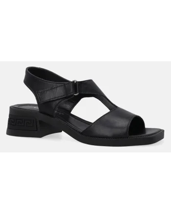 Sandale negre din piele cu toc si inchidere velcro,
