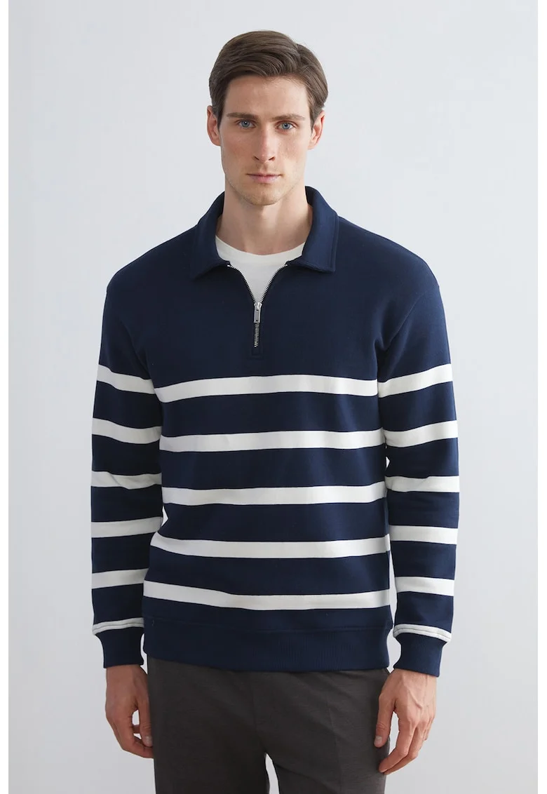 Bluza de trening cu model in dungi si decolteu cu fermoar scurt, Alb/Bleumarin