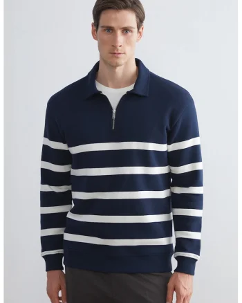 Bluza de trening cu model in dungi si decolteu cu fermoar scurt, Alb/Bleumarin