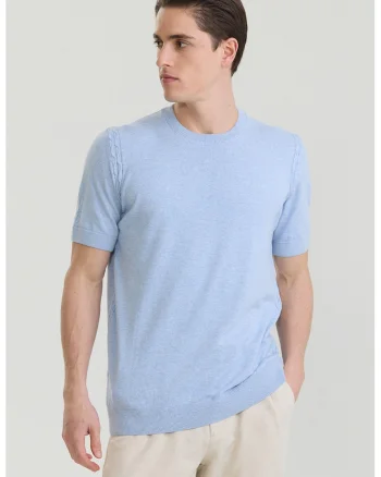 Tricou tricotat fin din bumbac, Albastru deschis