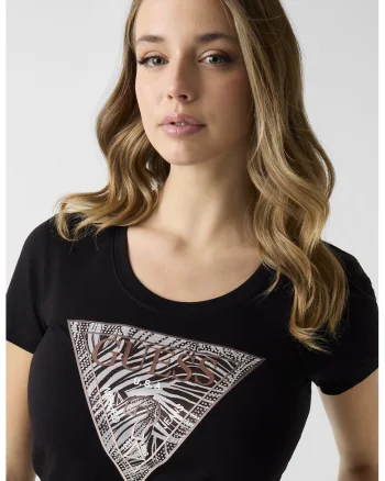 Tricou slim fit cu imprimeu logo si aplicatii de strasuri, Negru