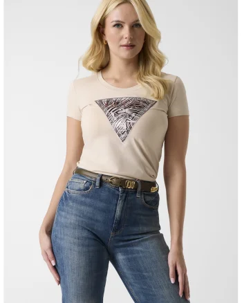 Tricou slim fit cu imprimeu logo si aplicatii de strasuri, Bej deschis