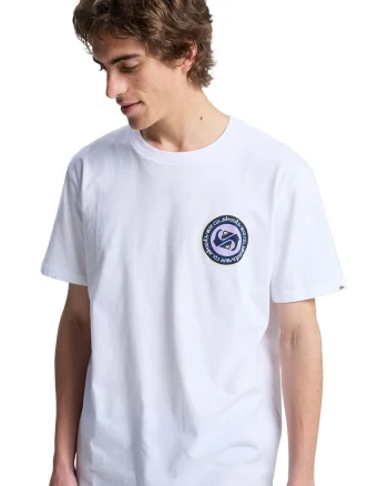 Tricou cu imprimeu si decolteu la baza gatului, Alb/Lila/Bleumarin