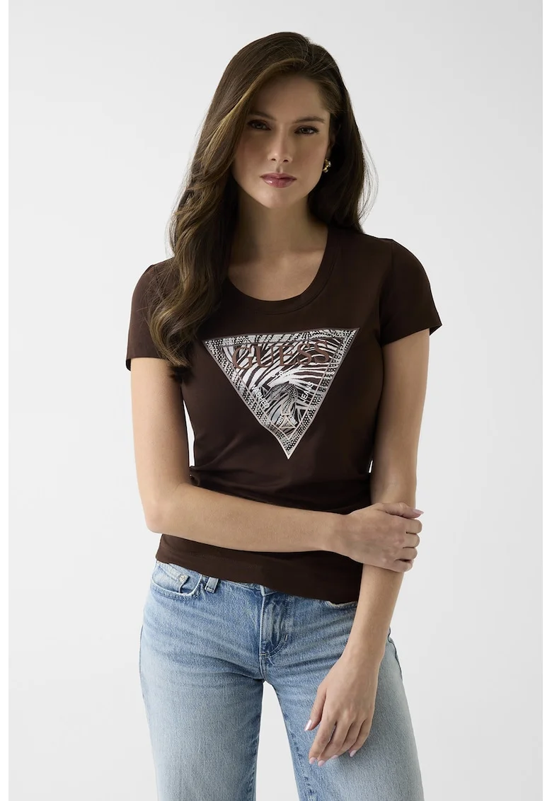 Tricou slim fit cu imprimeu logo si aplicatii de strasuri, Maro inchis