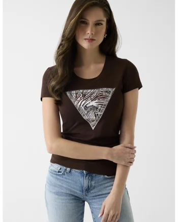Tricou slim fit cu imprimeu logo si aplicatii de strasuri, Maro inchis
