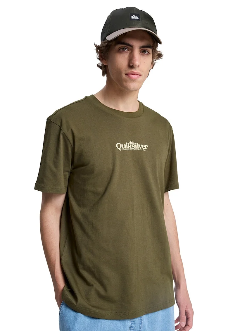 Tricou cu imprimeu logo si decolteu la baza gatului Fineline, Verde masliniu