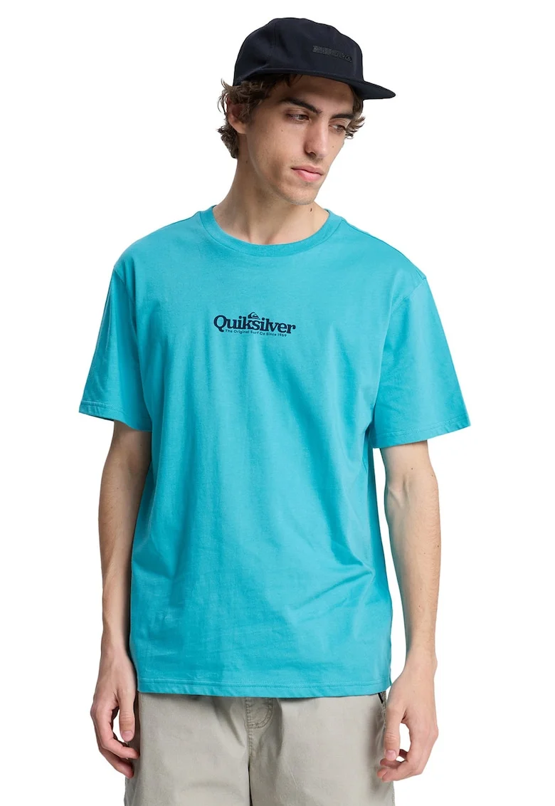 Tricou cu imprimeu logo si decolteu la baza gatului Fineline, Albastru aquamarin