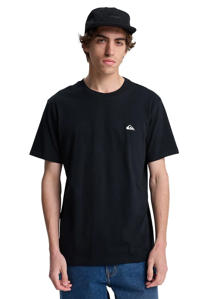 Tricou de bumbac cu decolteu la baza gatului, Negru