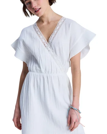Rochie de bumbac organi cu decolteu in V crosetat, Alb