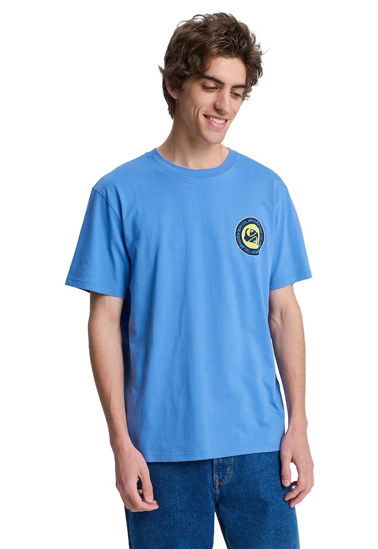 Tricou cu imprimeu si decolteu la baza gatului, Galben/Albastru glaciar