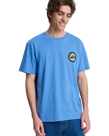 Tricou cu imprimeu si decolteu la baza gatului, Galben/Albastru glaciar