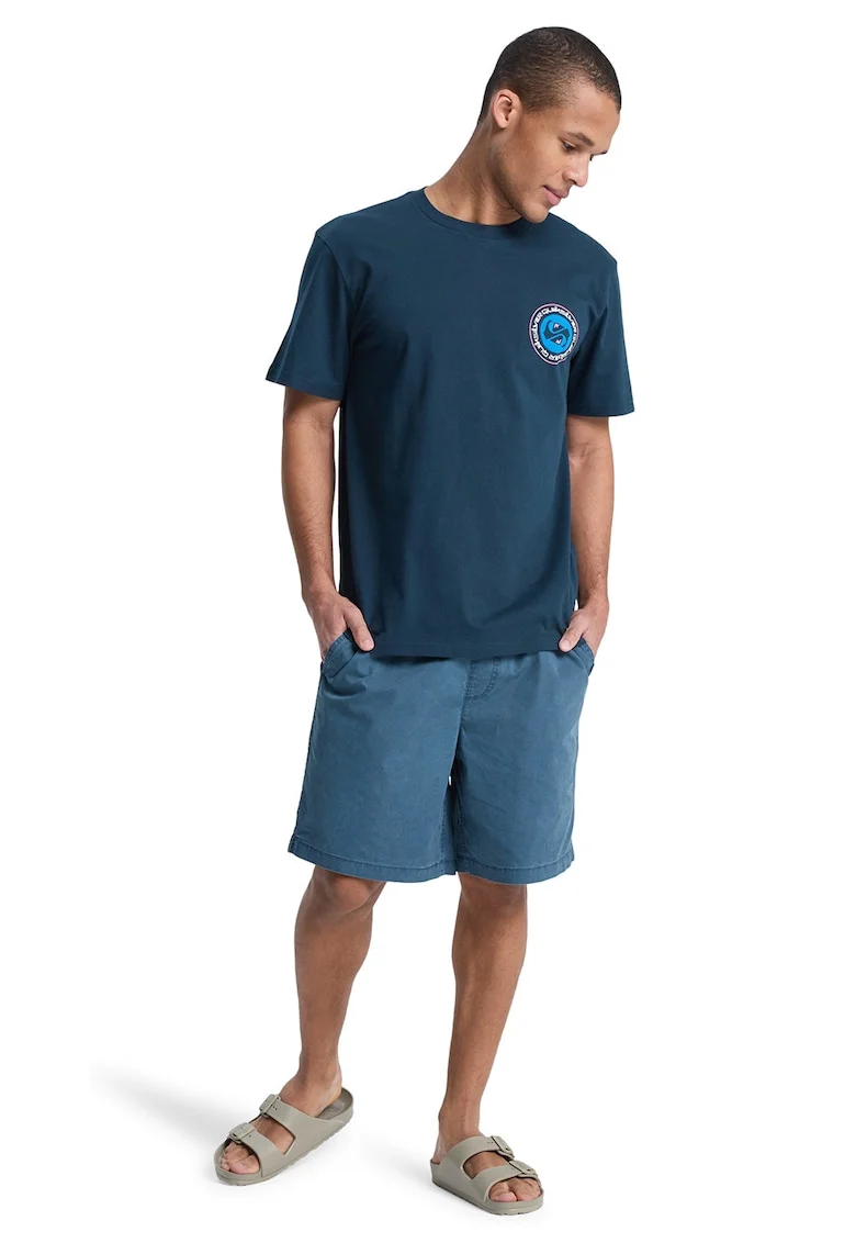 Tricou cu imprimeu si decolteu la baza gatului, Albastru petrol