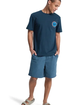 Tricou cu imprimeu si decolteu la baza gatului, Albastru petrol