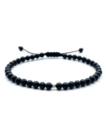 Bratara cu bila AUR 14K si pietre naturale semipretioase, snur reglabil, Negru mat