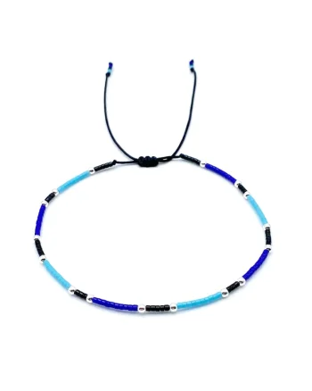 Bratara pentru Picior cu bilute din Argint 925 si margele Miyuki colorate, reglabila, Negru/Albastru