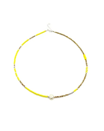 Colier cu Perla naturala, elemente din Argint 925 si margele Miyuki, Galben/Bej