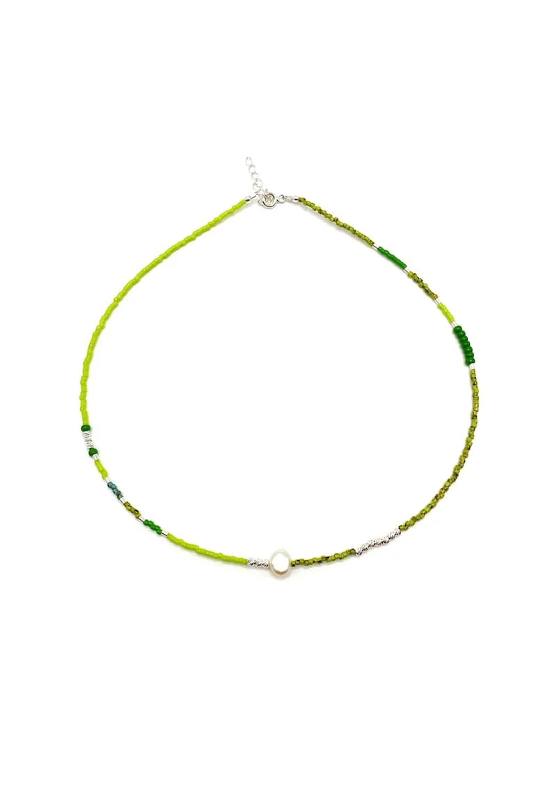 Colier cu Perla naturala, elemente din Argint 925 si margele Miyuki, Verde/Kiwi
