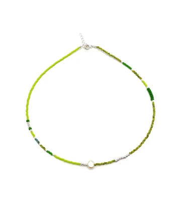 Colier cu Perla naturala, elemente din Argint 925 si margele Miyuki, Verde/Kiwi