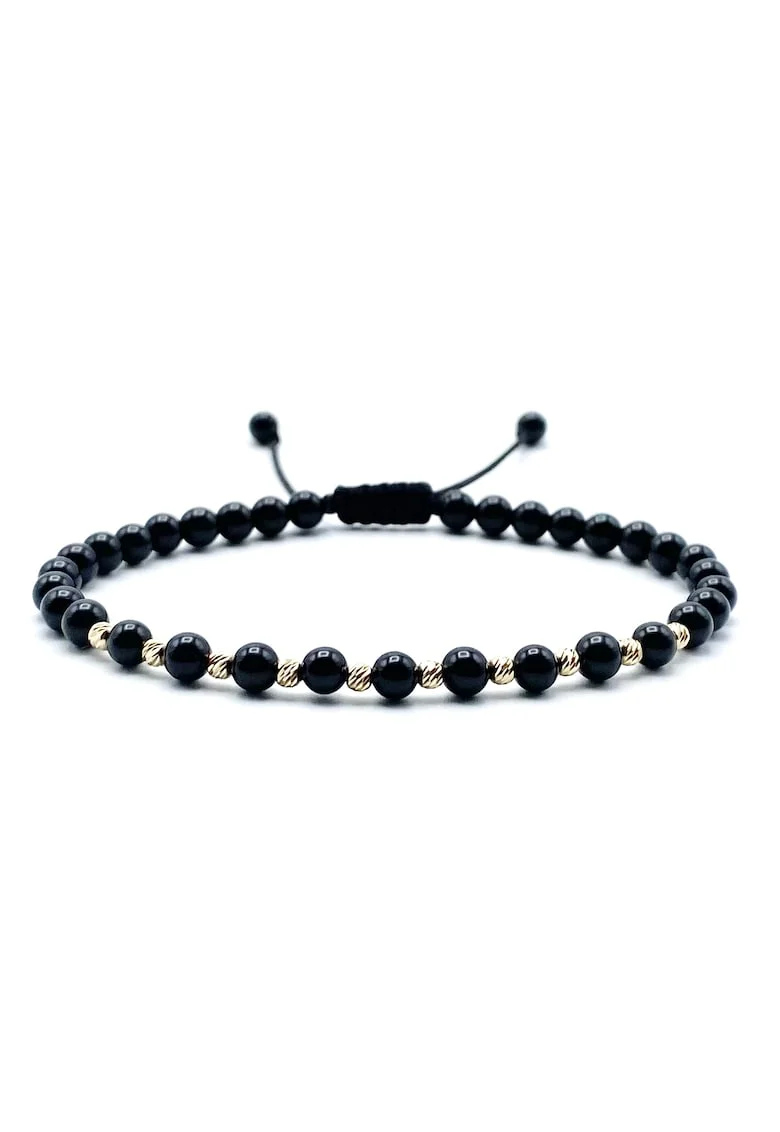 Bratara cu 10 bile din AUR 14K si pietre semipretioase naturale, snur reglabil, Negru lucios