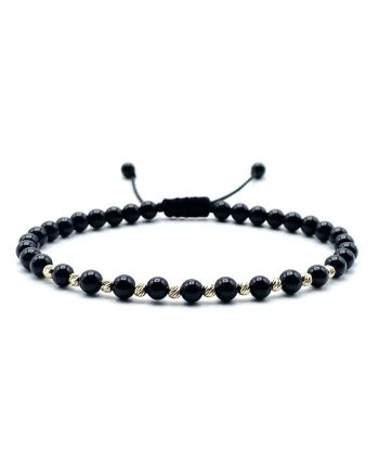 Bratara cu 10 bile din AUR 14K si pietre semipretioase naturale, snur reglabil, Negru lucios