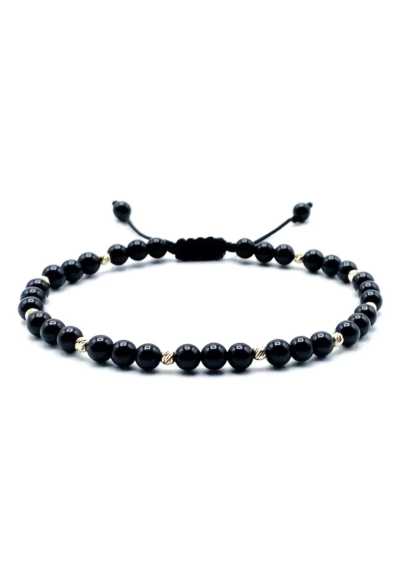 Bratara cu 10 bile din AUR 14K si pietre semipretioase naturale, snur reglabil, Negru Glossy
