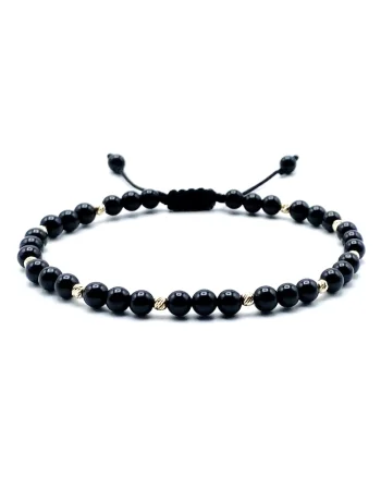 Bratara cu 10 bile din AUR 14K si pietre semipretioase naturale, snur reglabil, Negru Glossy
