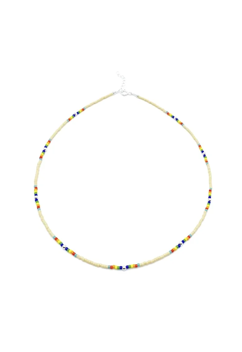 Colier cu bile din Argint 925 si margele Miyuki, reglabil, Bej/Multicolor