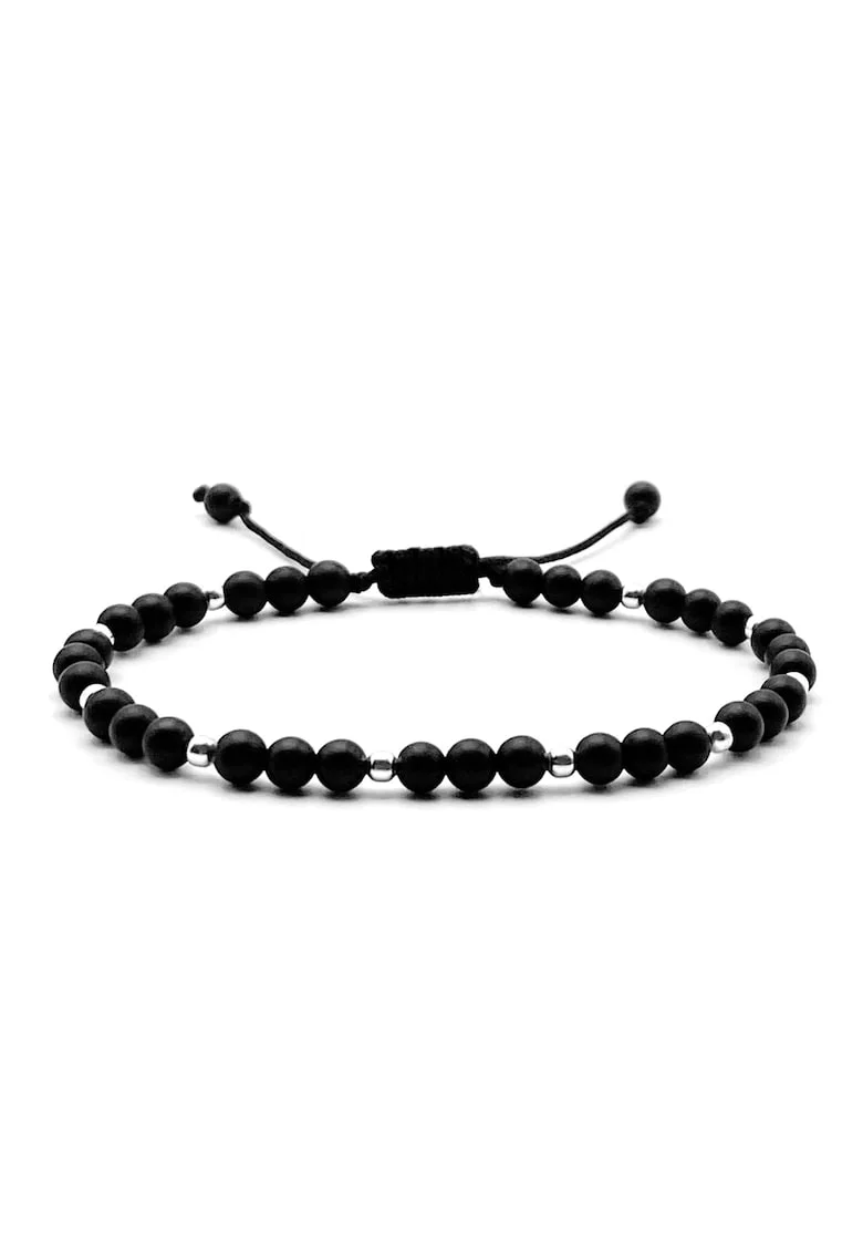 Bratara cu bile din Argint 925 si pietre semipretioase naturale, snur reglabil, Negru Royal