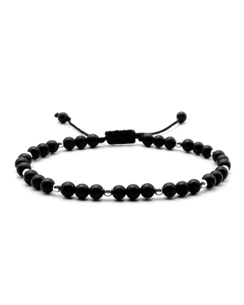 Bratara cu bile din Argint 925 si pietre semipretioase naturale, snur reglabil, Negru Royal