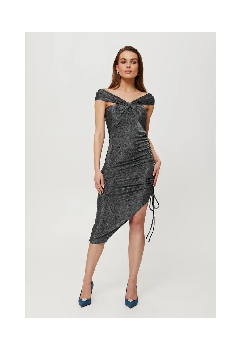 Rochie dama, metalica trasa in lateral, Poliester, Gri, Argintiu