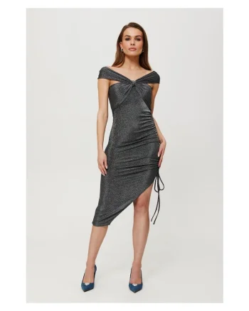 Rochie dama, metalica trasa in lateral, Poliester, Gri, Argintiu
