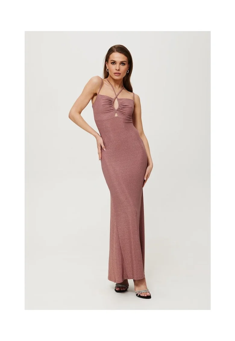Rochie dama, maxi metalica cu cravata la decolteu, Poliester, Albastru, Albastru