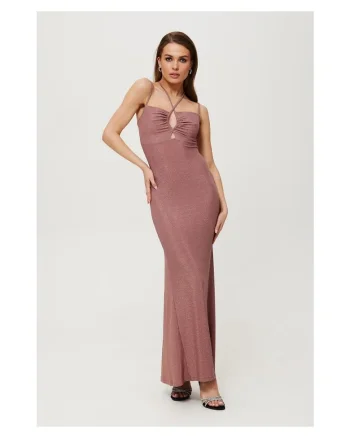 Rochie dama, maxi metalica cu cravata la decolteu, Poliester, Albastru, Albastru