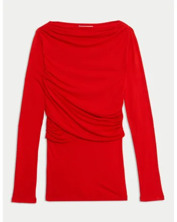 Bluza din amestec de matase si model drapat, Rosu vermillion