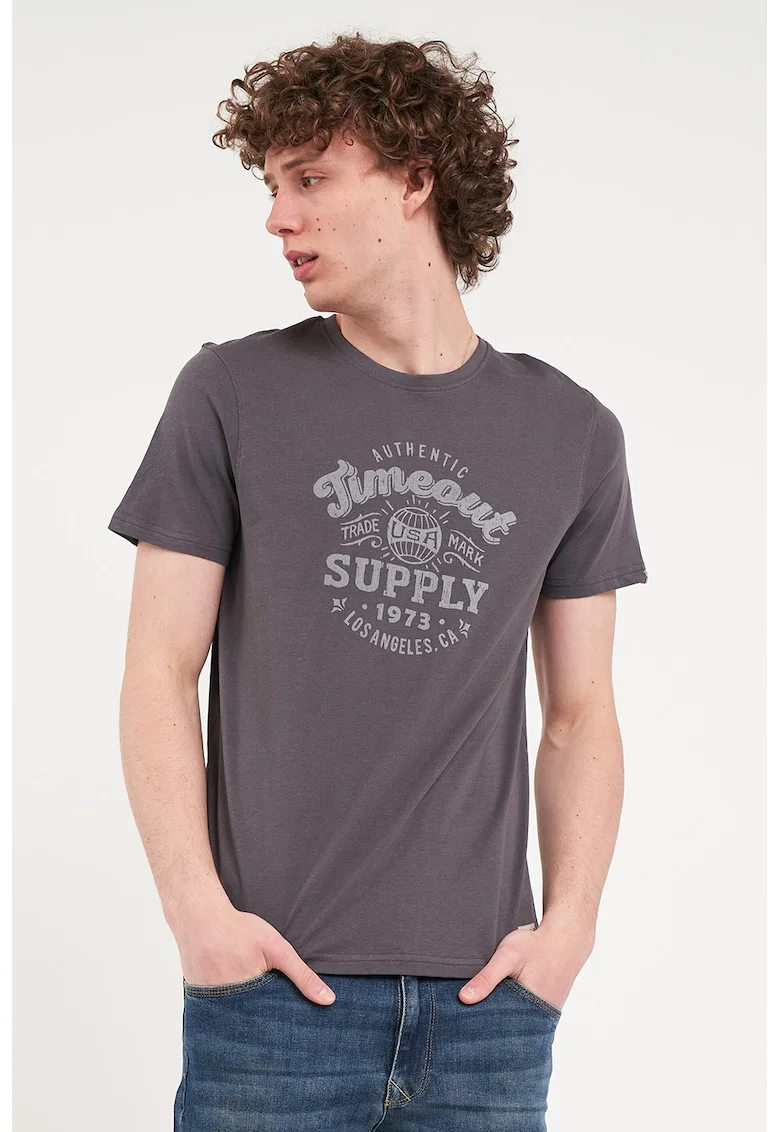 Tricou cu decolteu la baza gatului si logo, Gri antracit