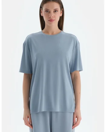 Tricou uni lejer din amestec de modal, Albastru prafuit