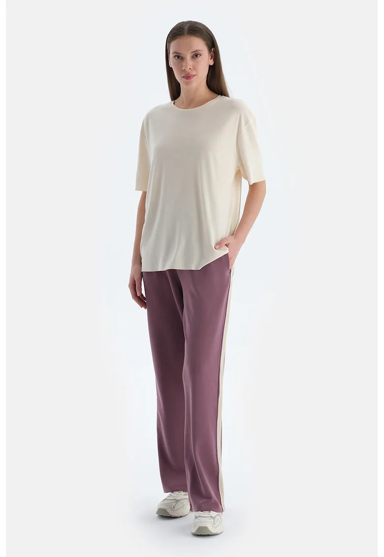 Pantaloni cu snur si talie medie, Violet prafuit/Crem