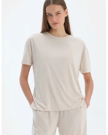 Tricou uni din amestec de modal, Alb fildes