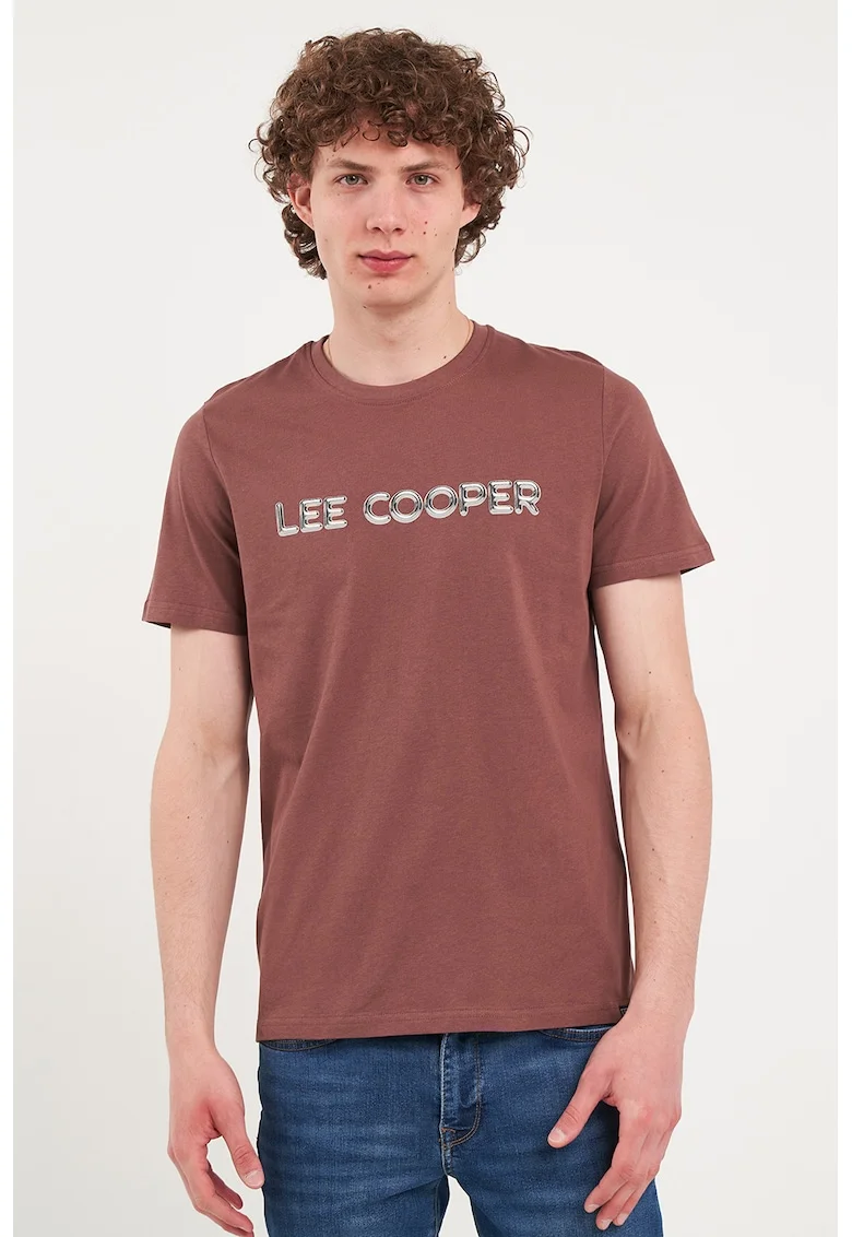 Tricou de bumbac cu decolteu la baza gatului, Maro
