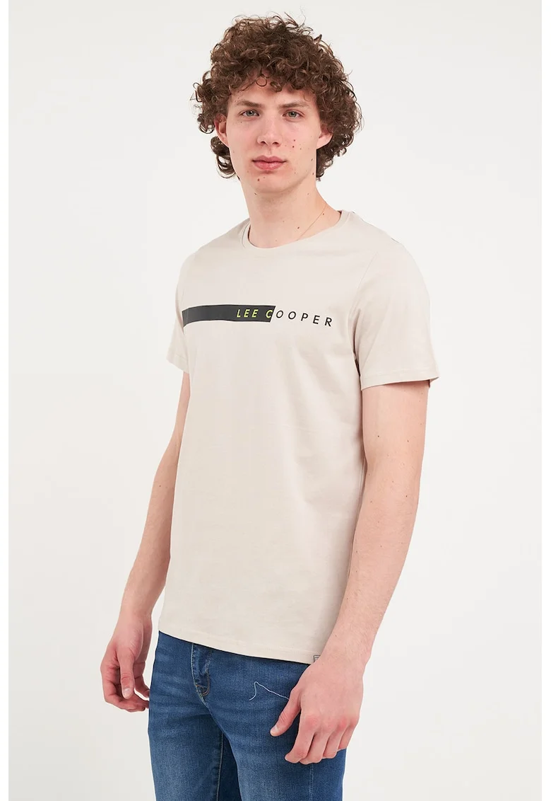 Tricou cu decolteu la baza gatului si logo, Crem