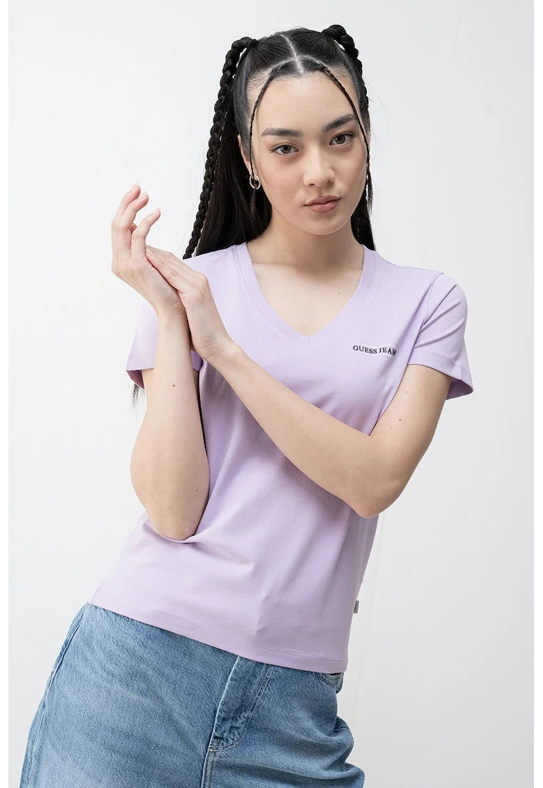 Tricou slim fit cu decolteu in V America, Lila
