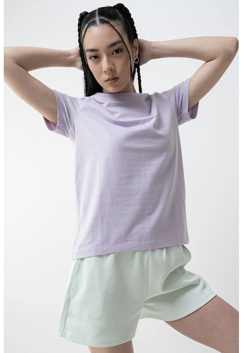Guess, Tricou din amestec de bumbac cu model in dungi, Verde/Lila