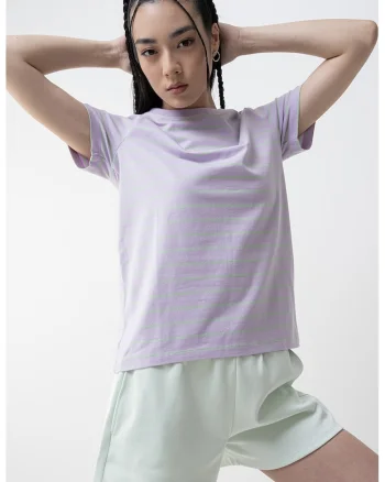 Guess, Tricou din amestec de bumbac cu model in dungi, Verde/Lila